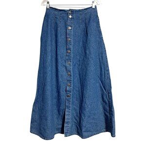 90s Liz Wear Liz Claiborne Lace-Up Back Denim Maxi Skirt Button Front Boho Prari
